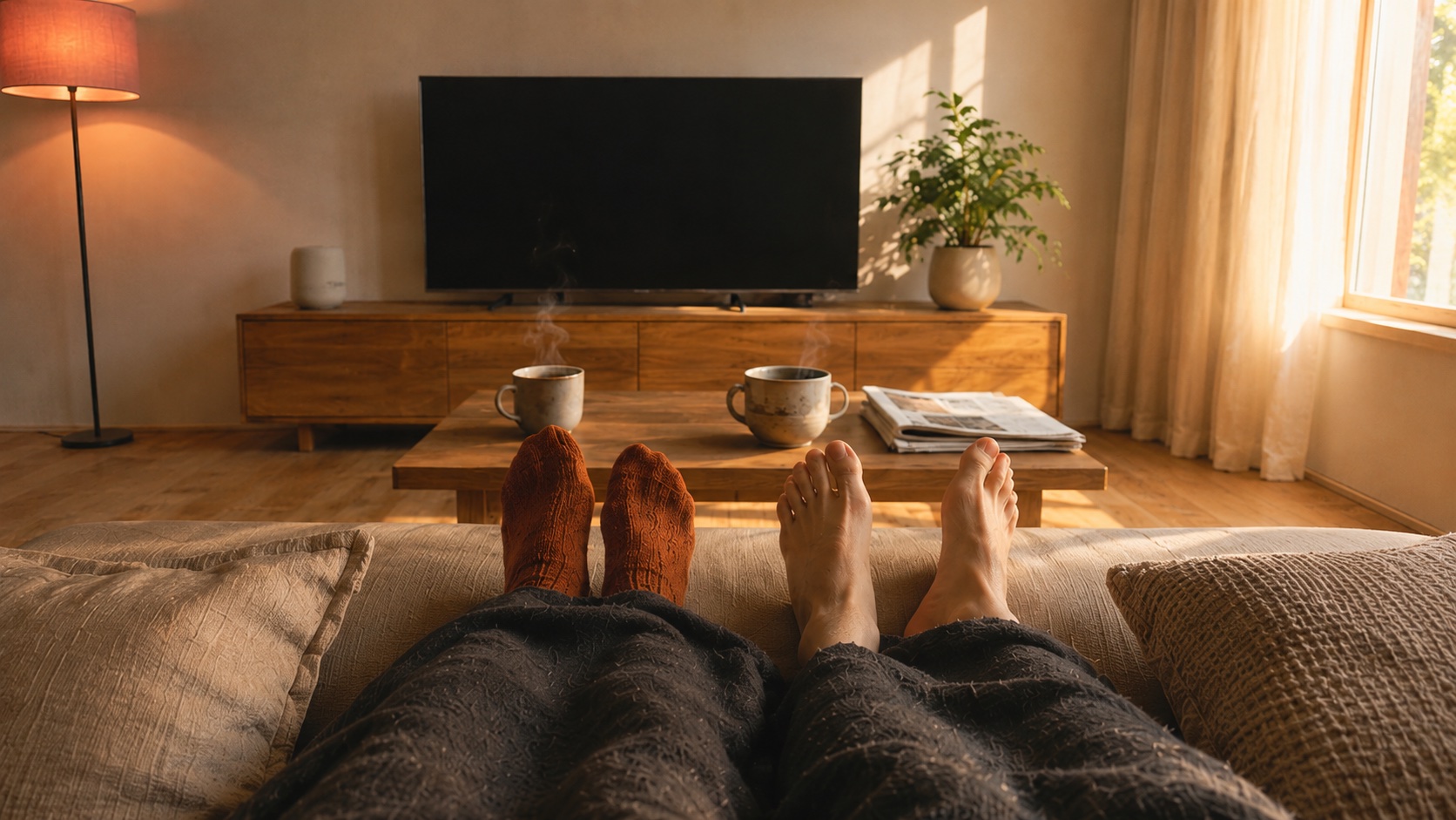 Smart Home im Alltag — Wohnzimmer mit HomePod und ruhiger Pink-Beleuchtung