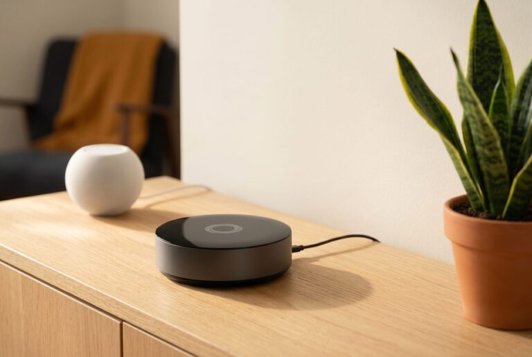 Homey Pro Smart-Home-Zentrale auf einem Sideboard neben einem Apple HomePod mini