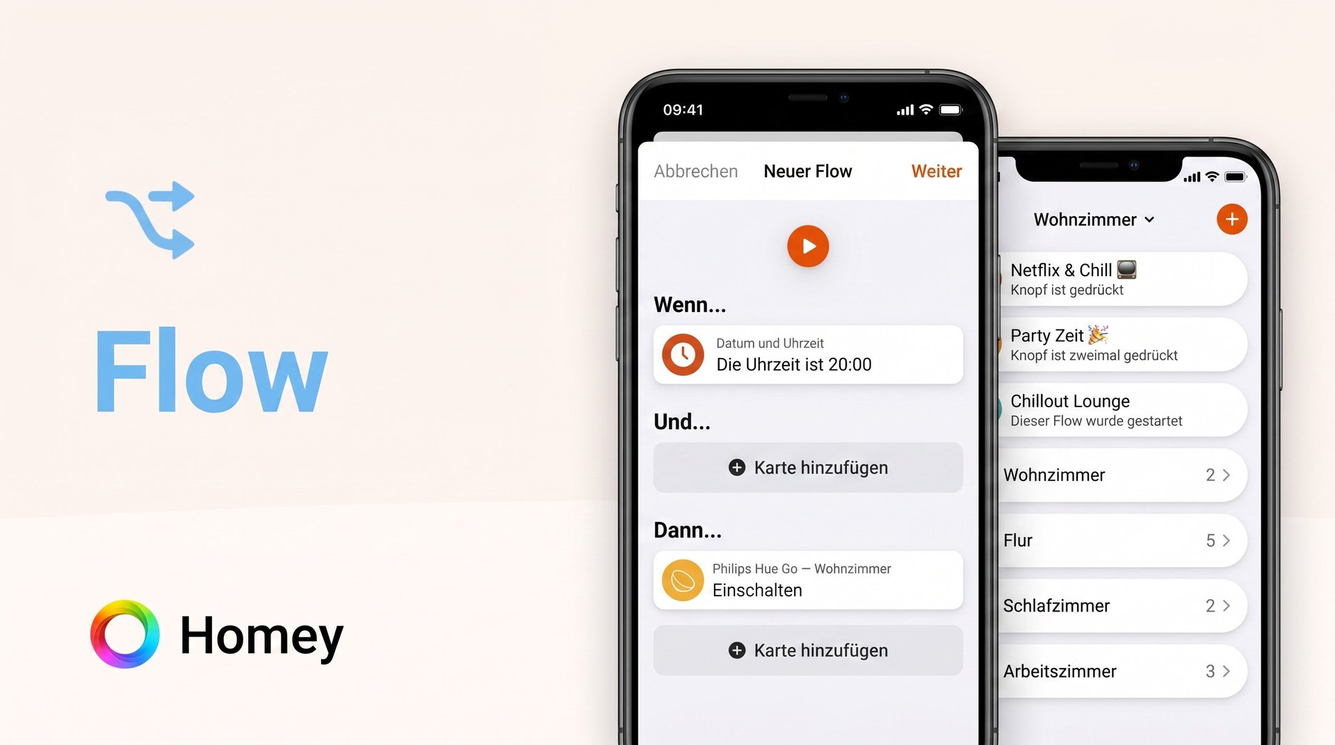 Homey Flow-Editor und Räume-Übersicht auf zwei iPhones, Homey-Logo und Flow-Wortmarke links
