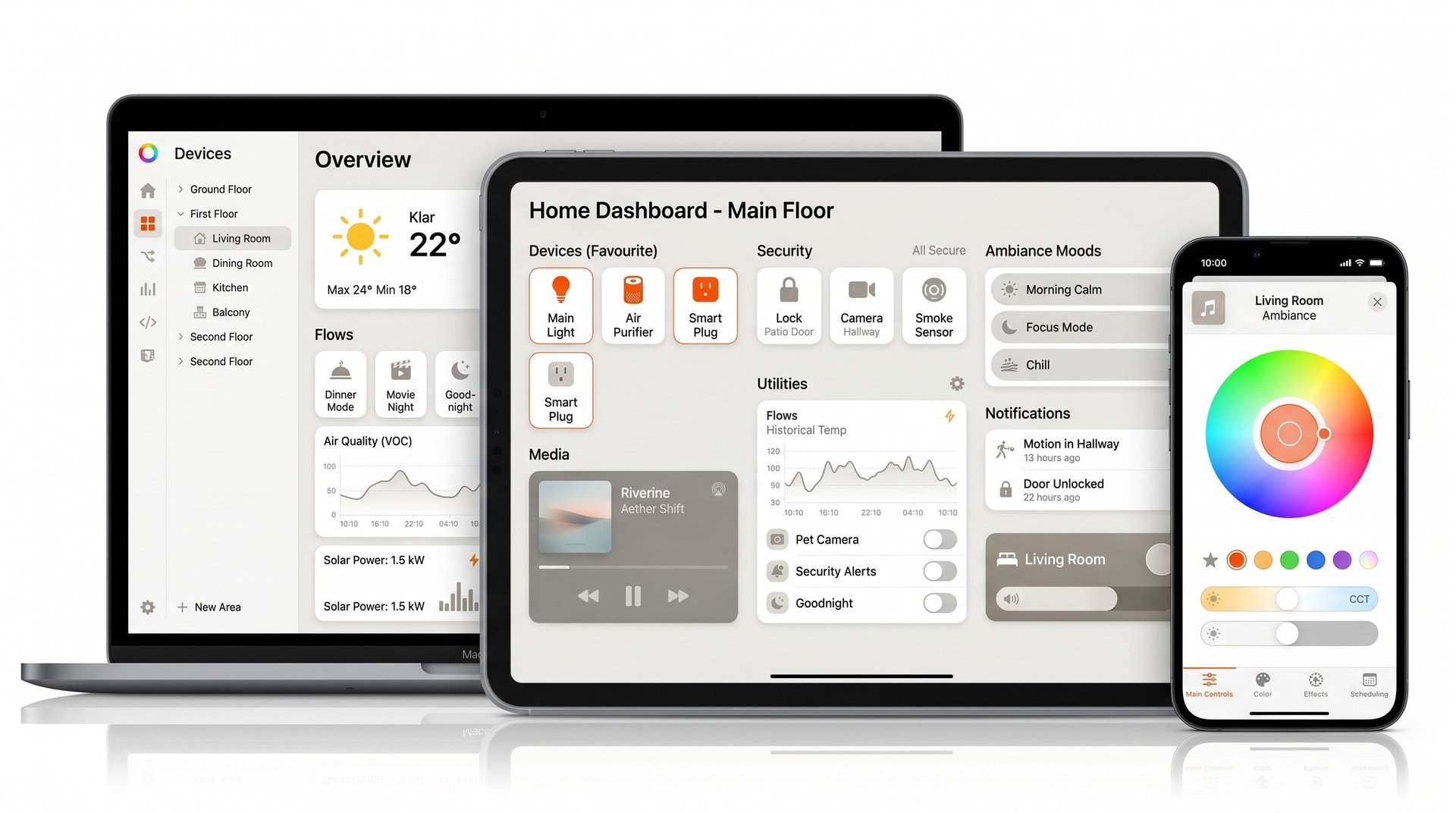 Homey Pro Smart-Home-Dashboard auf MacBook, iPad und iPhone — eine App für alle Geräte