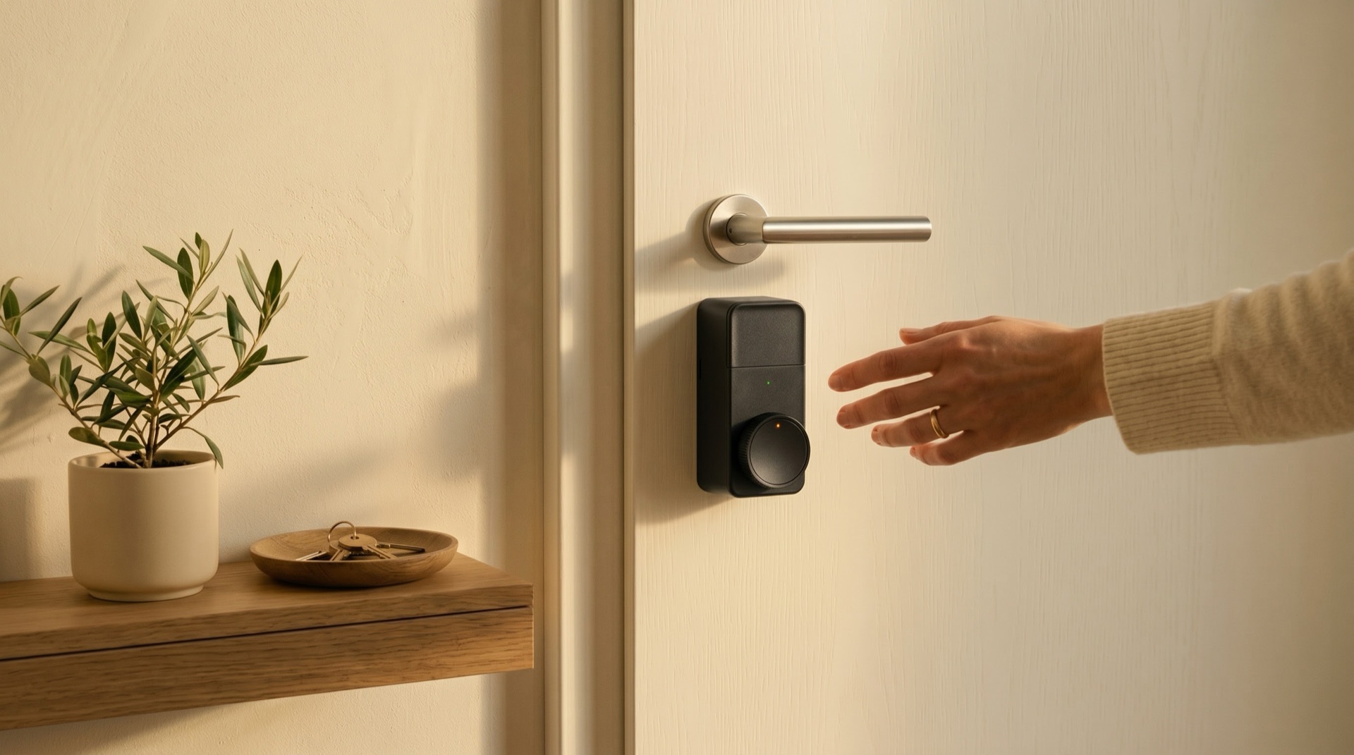 Eingangsdiele: schmales Holzregal mit Olivenpflanze und Schale für Schlüssel, daneben Tür mit Türgriff und SwitchBot Lock Pro Smart-Lock. Eine Hand greift ruhig zum Schloss.