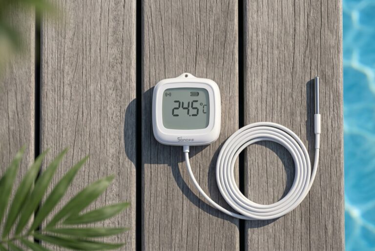 Sonoff SNZB-02LD Poolsensor auf Holzdeck mit Fühlerkabel zum Pool