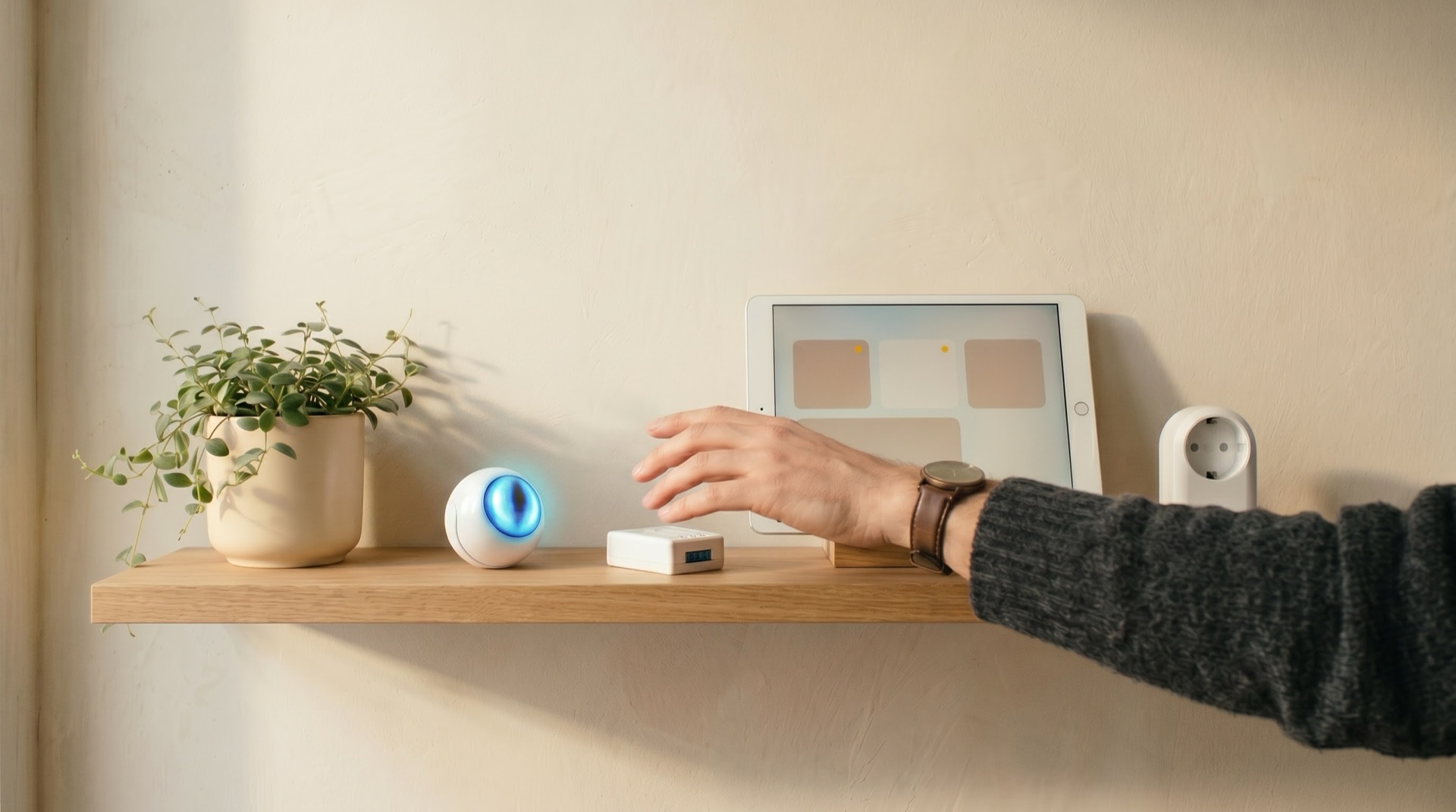 Was bei uns zuhause läuft — Wandregal mit Smarthome-Geräten und Pflanze